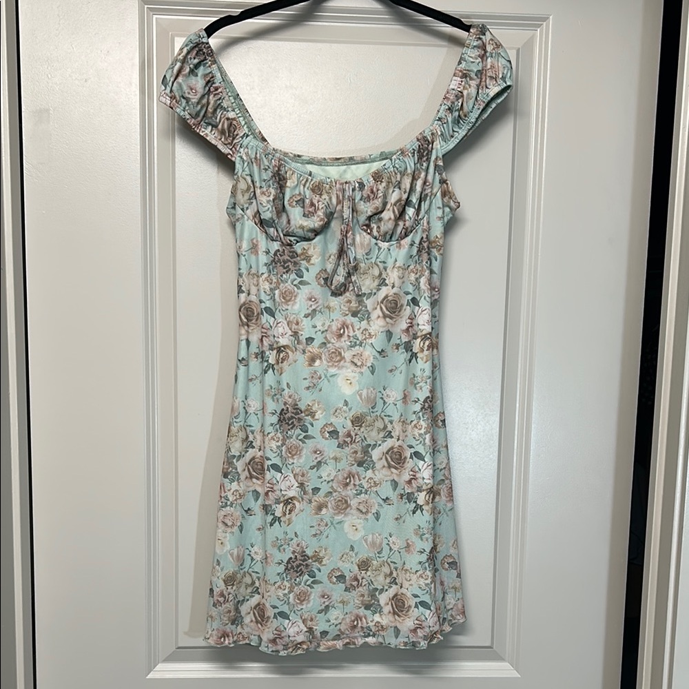 SHEIN  Greenish Blue and Brown Off-Shoulder Puff Sleeve Mini Sundress